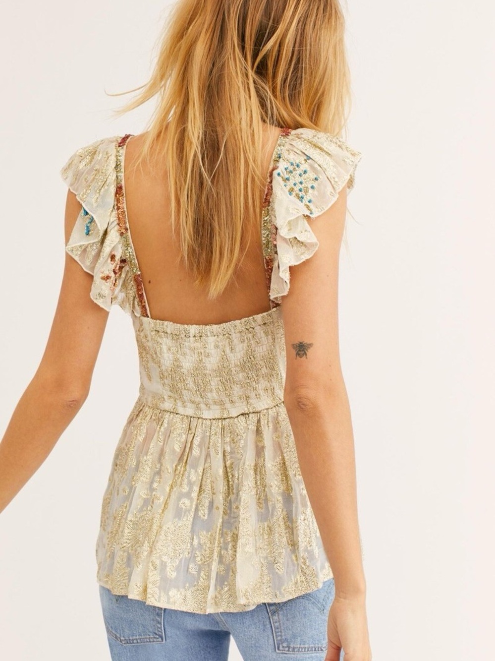 FREE PEOPLE Sz M ALL THAT SHIMMERS EMBROIDERED JACQUARD FLUTTER SLEEVE TOP - Picture 4 of 6
